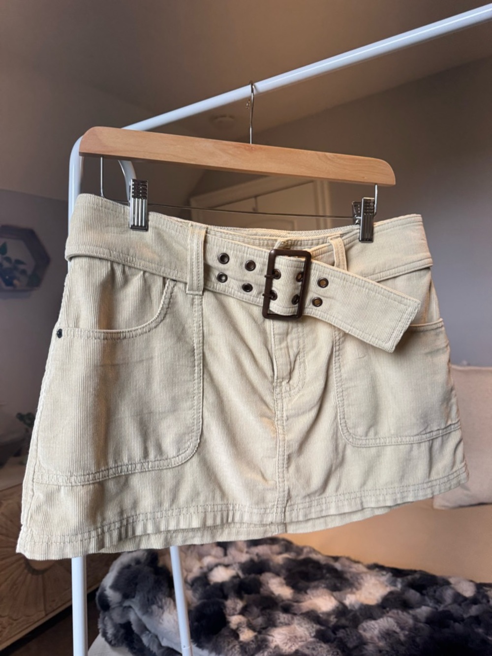 Abercrombie & Fitch Cream Corduroy Mini Skirt with Belt